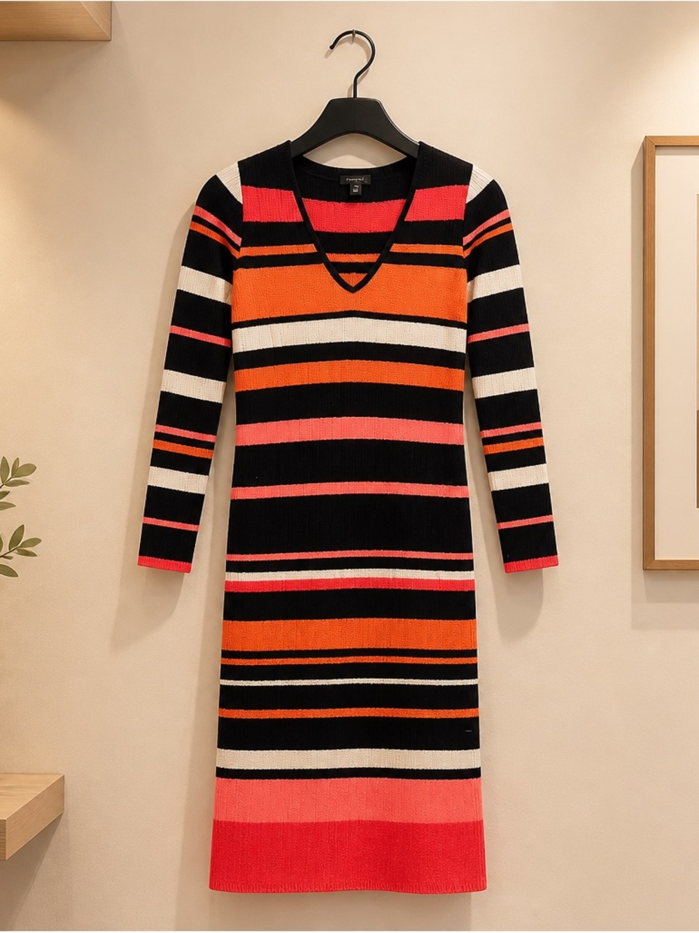 Ann Taylor Striped V-Neck Long Sleeve Knit Dress in Black, Orange & Pink